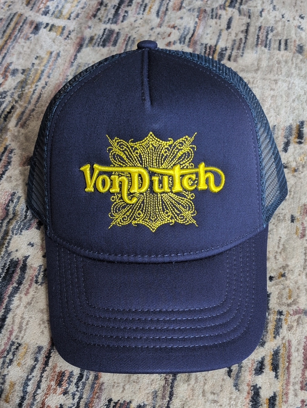 Von Dutch Navy Trucker Cap with Yellow Embroidered Logo NWT